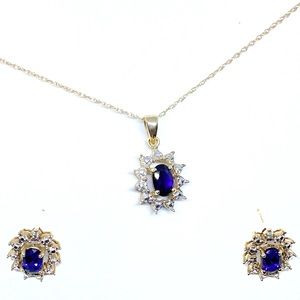 Vintage 10k Solid Gold Blue Sapphire 2 Piece Matching Set 18” Necklace Earrings